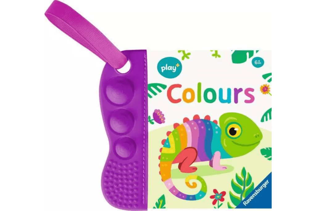 Flip & Pop Colours Book, Ravensburger, Play+, board books for babies, board books for toddlers, learning about colours, travel toys for infants, travel toys for toddlers, pop-its for babies, The Montessori Room, Toronto, Ontario, Canada.