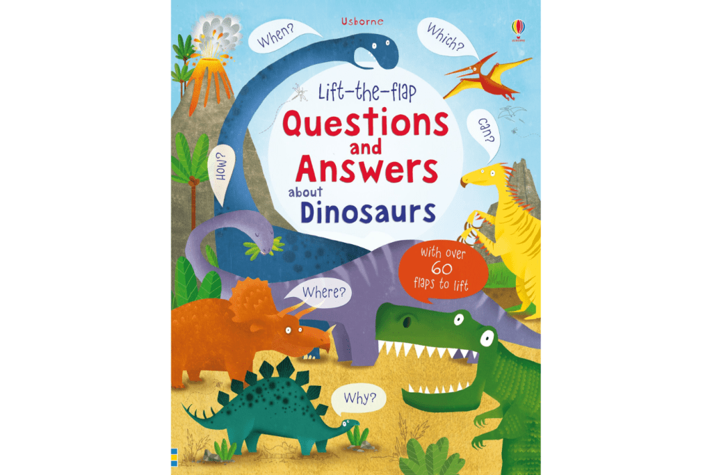 Lift-the-flap Questions and Answers about Dinosaurs by Katie Daynes, dinosaur books for kids, best dinosaur books for kids, dinosaur books for 4 year old 5 year old 6 year olds, Toronto, Canada