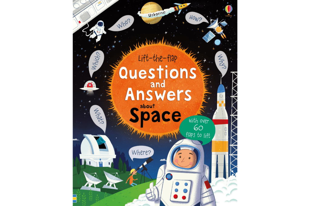 Lift-The-Flap Questions And Answers About Space by Katie Daynes, First Question and Answer books, best books for preschoolers, lift the flap books for preschoolers, books about space for kids, best books for preschoolers, Usborne, The Montessori Room, Toronto, Ontario, Canada.