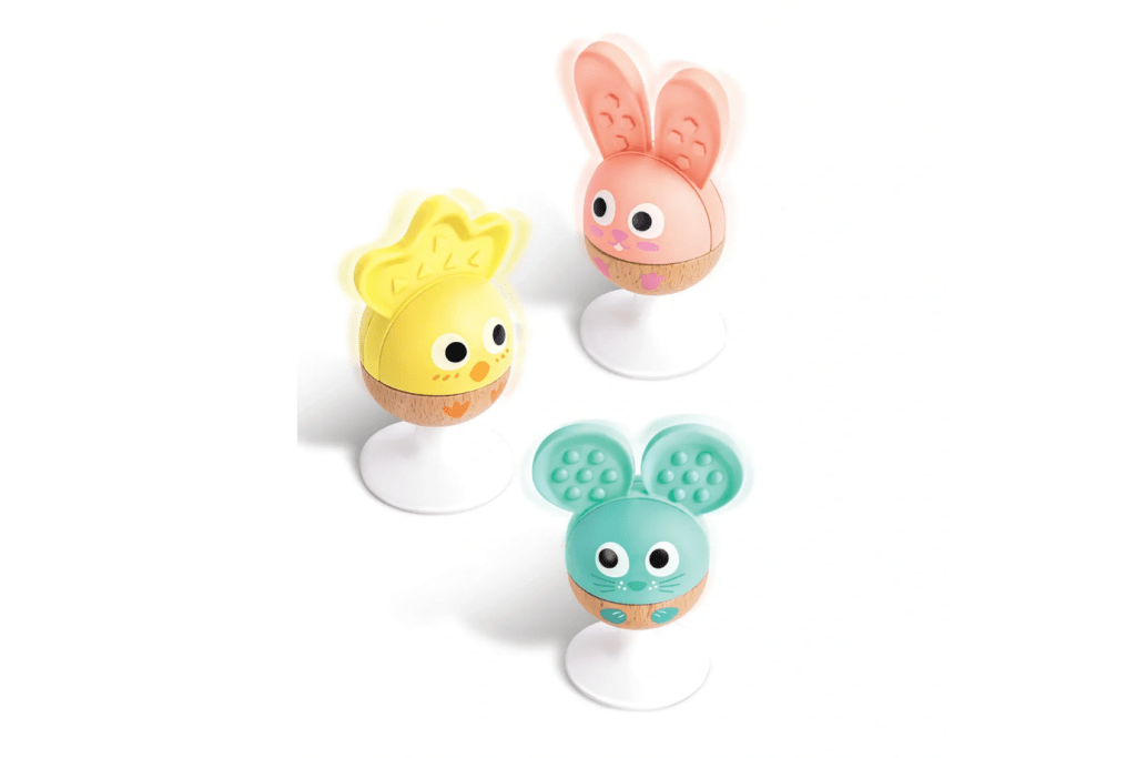 Hape Cheery Critter Teether Rattle Trio, best gifts for babies, baby shower gifts, gifts for new baby, best teethers, best travel toys for babies, best rattles, The Montessori Room, Toronto, Ontario, Canada.