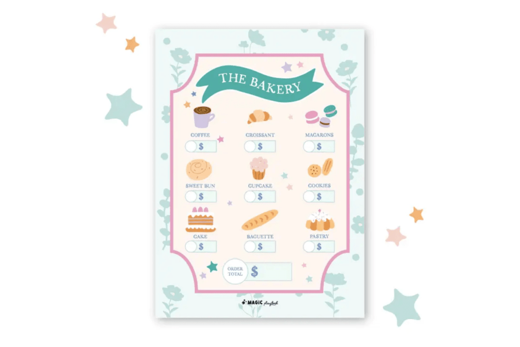 The Bakery Pretend Play Notepad, MagicPlaybook, pretend kitchen accessories, pretend bakery accessories, best toys for children who enjoy pretend play, pretend kitchen add-ons, The Montessori Room, Toronto, Ontario, Canada.