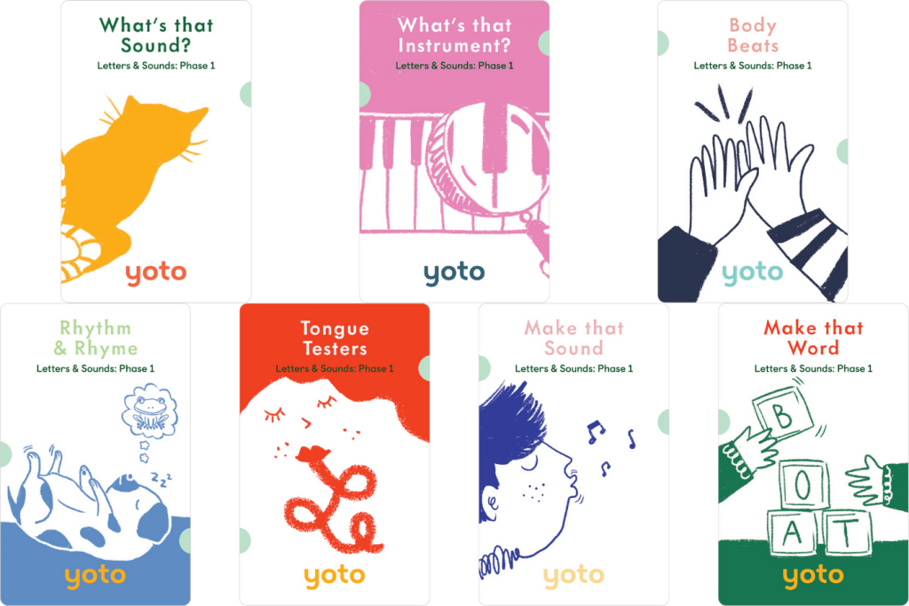 Yoto Card: Phonics: Letters & Sounds: Phase 1 (7 Cards), Yoto player, Yoto play, Yoto mini, yoto cards for 3 year olds, yoto cards for 4 year old, yoto cards for 5 year old, yoto cards that teach phonics, yoto cards that teach letters, educational yoto cards, yoto cards in Toronto, yoto cards in store, yoto cards in GTA, The Montessori Room, Toronto, Ontario, Canada.