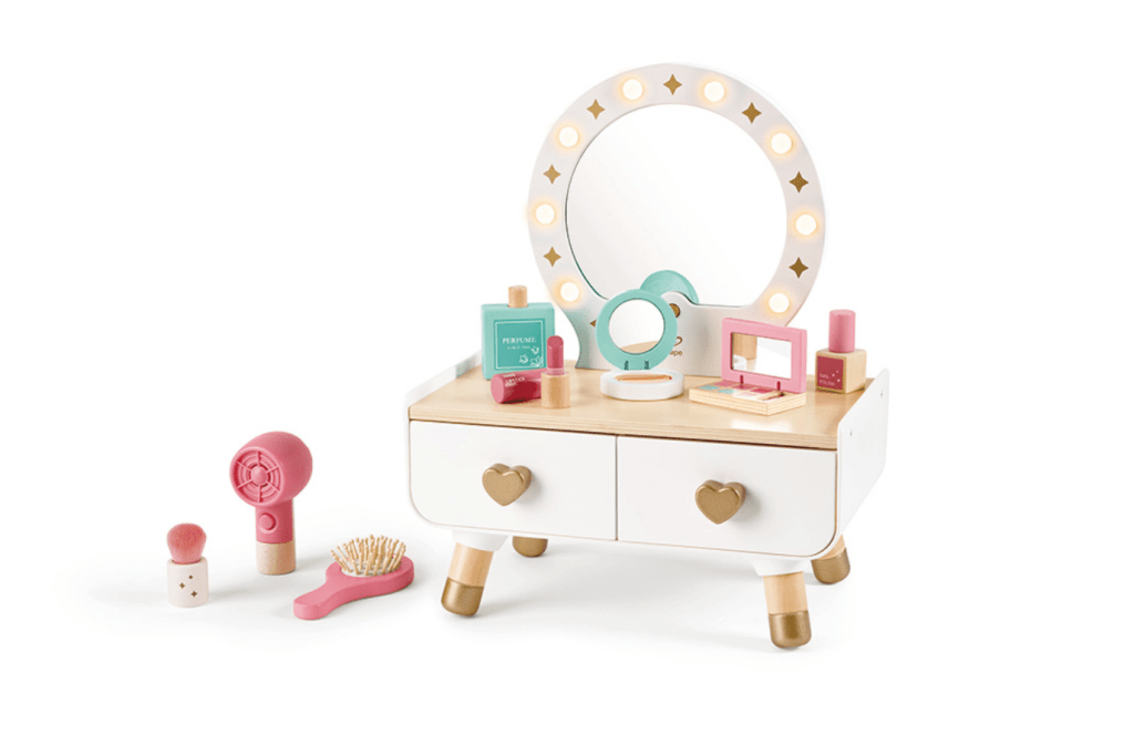 Hape My Stylish Dressing Table, vanity for kids, small vanity for kids, little vanity for kids, small wooden vanity for children, pretend make up for children, pretend hairdryer for children, pretend make up for children, Toronto, Canada